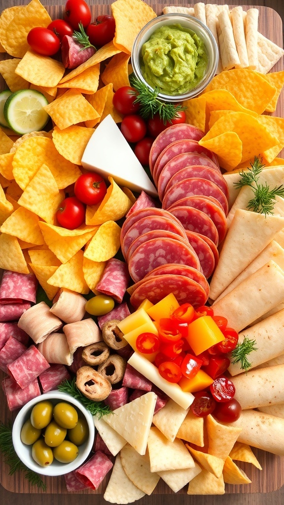 A colorful charcuterie board with chips, cheeses, meats, and vegetables, ready for serving.
